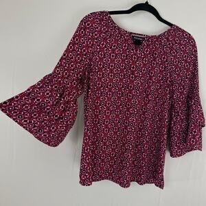Roz & Ali XS Pink Abstract Print Bell Sleeve Blouse Lightweight Pullover Top